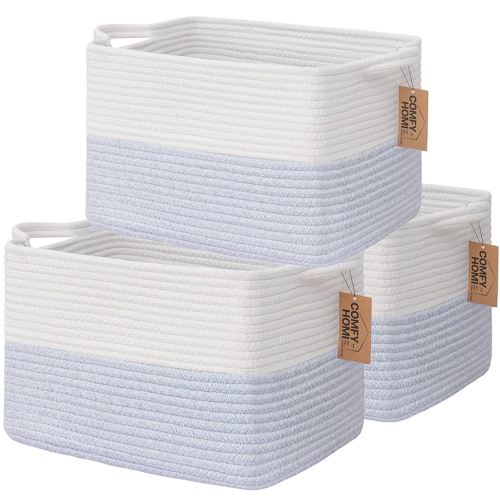 COMFY-HOMI 3PACK Cotton Rope Square Baske with Handles for Shelves|Dog Toy Baske Bin and Storage|Baby Baske for Gift|Shoe Baske for Organizing|13.5" x 11" x 9.5" for Living Room(White/Blue)