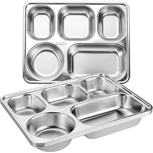 Tebery 3 Pack Stainless Steel Rectangular Divided Plates Tray, 5 Sections Dinner Plates for Adults,Kids, Picky Eaters, Campers, and Portion Control