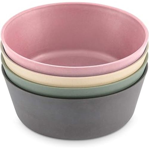 WeeSprout Bamboo Kids Bowls, Set of Four 10 oz Kid-Sized Bamboo Bowls, Dishwasher Safe Kid Bowls (Pink, Green, Gray, & Beige)