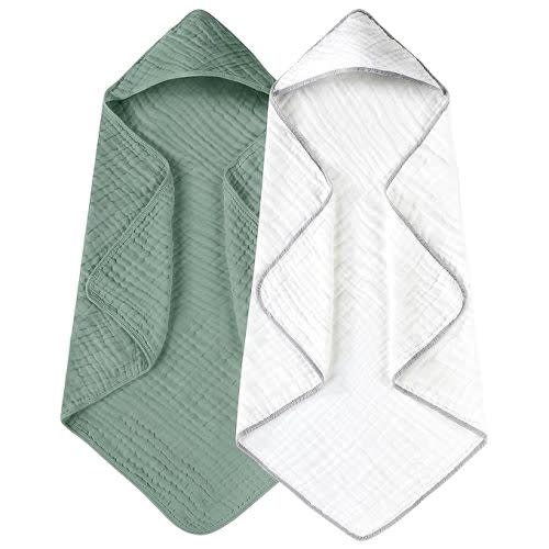 Yoofoss Hooded Baby Towels for Newborn 2 Pack 100% Muslin Cotton Baby Bath Towel with Hood for Babies, Infant, Toddler and Kids, Large 32x32Inch, Soft and Absorbent Newborn Essential - White and Dark Green