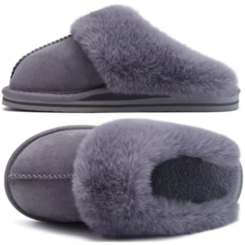 KuaiLu Womens Fluff Dual Memory Foam Slippers Ladies Cozy Arch Support Warm Scuff Slippers Slip on Comfy Winter House Shoes with Non-Slip Indoor Outdoor Hard Sole