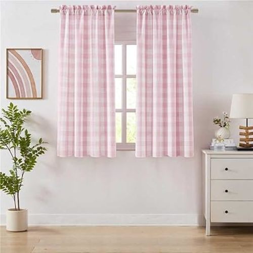 63 Inch Pink White Buffalo Plaid Curtains for Girls Room,Farmhouse Semi Sheer Rod Pocket Drapes,Living Room Bedroom Window Treatment,Rod Pocket,Pink/White(Pack of 2)