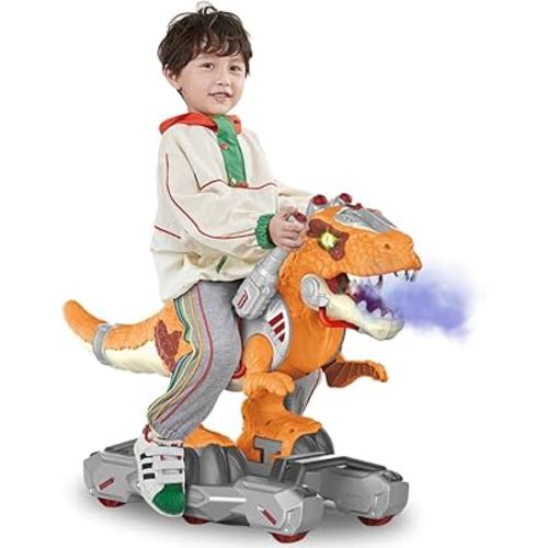 Dinosaur Ride On Push Car for Little Kids, Battery Operated Push & Ride Electric Foot-to-Floor Sliding Rideable Toy Scooter with Music, Light & Smoke for Toddlers