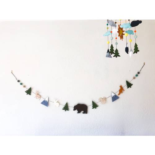 Felt woodland animal banner; mountain forest nursery bunting; rustic boy garland; bear wall decor