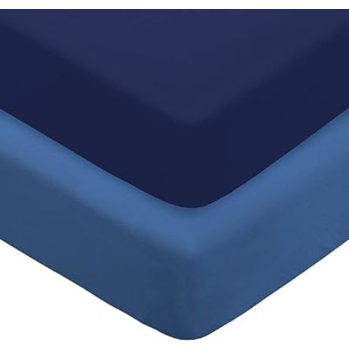 POSENPRO 2 Pack Microfiber Fitted Crib Sheets for Baby Boys Girls, Cozy & Soft Solid Color Toddler Bed Sheets for Standard Crib and Toddler Mattresses, 28"x52"x8", Navy Blue & Stone Blue