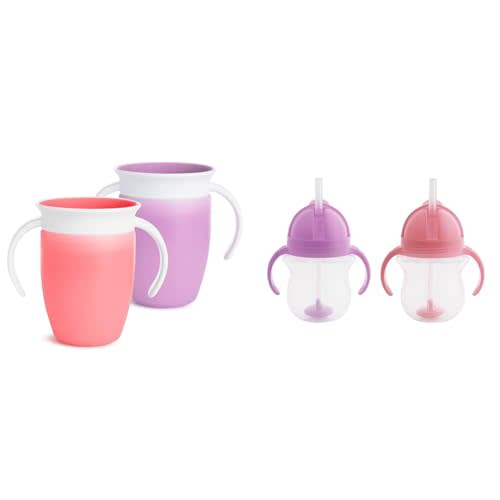 Munchkin® Miracle® 360 Trainer Sippy Cup with Handles, Spill Proof, 7 Ounce, 2 Pack, Pink/Purple & Any Angle™ Weighted Straw Trainer Cup with Click Lock™ Lid, 7 Ounce, 2 Pack, Pink/Purple