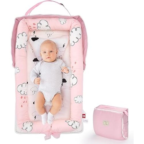 Baby Lounger with Pillow, Portable Infant Lounger for Newborn, Portable Breathable Baby Nest Cosleeping Adjustable U-Shaped Safety Bumper - Raindrop Cloud