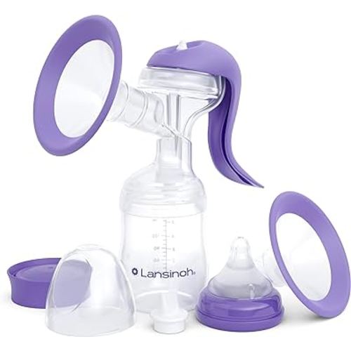 Lansinoh Manual Breast Pump, Hand Pump with Comfortable Flange for Breastfeeding Essentials, Includes Baby Bottle for Feeding, 5oz