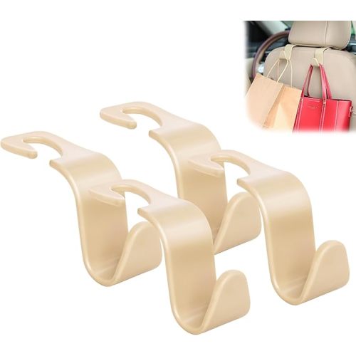 Amooca Universal Multifunctional Car Vehicle Headrest Hook, Organizer Hanger Storage Hook for Bag Purse Cloth Grocery (Beige Set of 4)