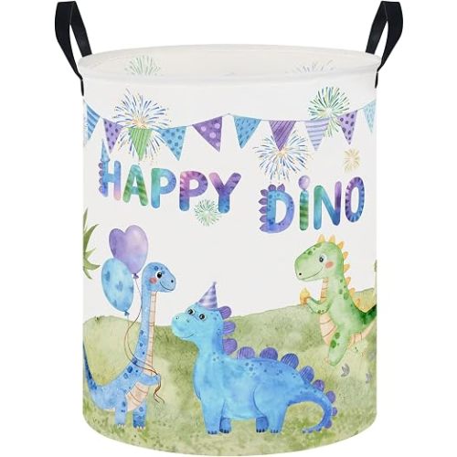 62L Kids Colorful Dinosaur Waterproof Laundry Hamper with Durable Leather Handle,Party Supplies Storage Picnic Large Storage Basket(Happy Dinosaur)