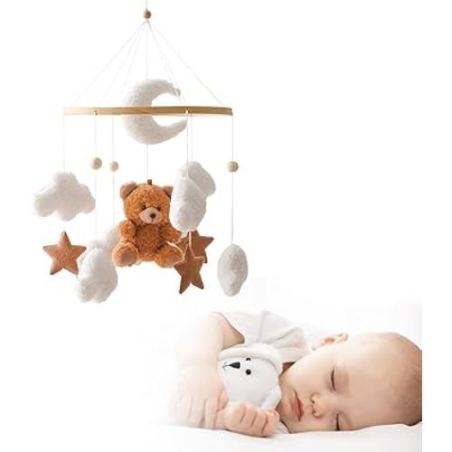 Baby Crib Mobile Wooden Wind Chime Bed Bell,Neutral Baby Crib Mobile,Baby Mobile for Crib,Handmade Baby Mobile,Bee Baby Ceiling Mobile Baby Nursery Decoration (Brown Bear）