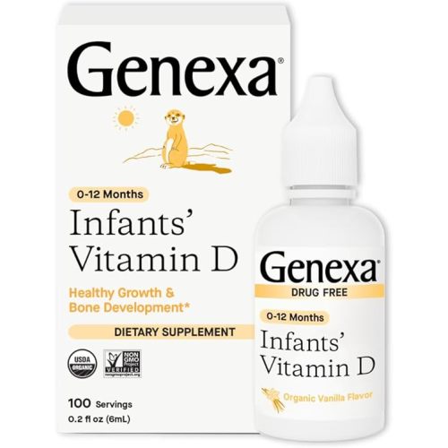 Genexa Infants Vitamin D Liquid Drops for Newborn, Baby & Toddler | Supports Growth & Bone Development | Delicious Organic Vanilla Flavor | Certified Organic, Gluten Free, & Non-GMO | 90 Servings