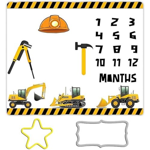 BTXFME25 Construction Vehicle Baby Milestone Blanket, 48x40in Hard Hat Tool Hammer, Soft Flannel for Nursery, Newborn Gift, Baby Shower