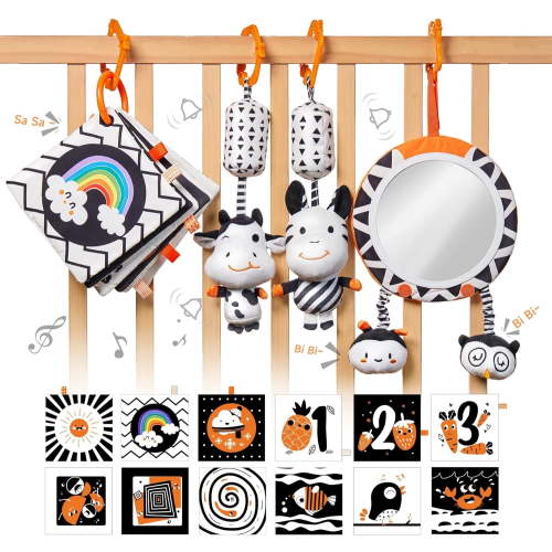 shiyou-TUMAMA Black and White Baby Toys, High Contrast Baby Tummy Time Toys, Newborn Sensory Soft Books Mirror Rattles, Montessori Toys 0 3 6 12 Months, Hanging Infant Toys for Carseat Stroller Play