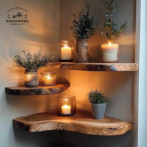 Live Edge Corner Shelf – Solid Wood Floating Wall Shelf, Handmade Rustic Wall-Mounted Shelving, Natural Wood Shelf for Home Decor