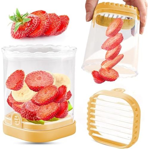 Fruit Slicer Cup - Strawberry, Banana, Egg Slicer Cutter, Detachable Fruit Cutter with Push Plate - Creative Strawberry Slicer Kitchen Gadget (Yellow)