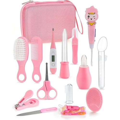 Baby Healthcare and Grooming Kit 15 in 1, Safe Baby Grooming Kit Newborn Girl Boy Essentials, Portable Baby Care Set Nursery Shower Gift for Infant Baby Registry Search (Pink)