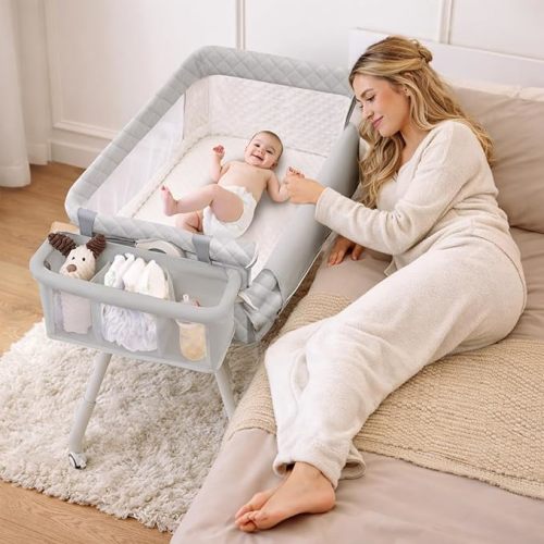 Baby Bassinet Bedside Crib for Newborn, 4-in-1 Baby Bassinet Bedside Sleeper with Mesh & Mattress, Easy Move Crib for Newborns with Lockable Wheels & Storage Basket, 4-Adjustable Height(Beige) | Bassinet with Wheels