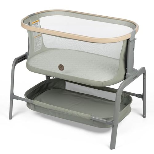 Maxi-Cosi Iora Baby Bassinets Bedside Sleeper, Portable Bassinet, Infant Bedside Sleeper Crib, Height Adjustable, Breathable Mesh, Large Storage Basket, Classic Green