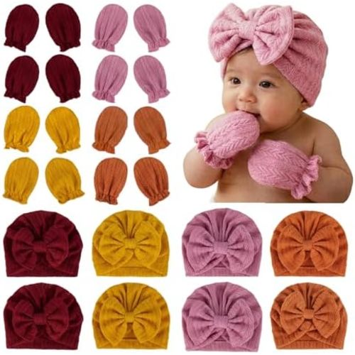 8 Sets Newborn Baby Hats & Mittens Cotton Preemie Infant Bow Beanies Caps Gloves Hospital New Born Boy Girl 0-3 Month