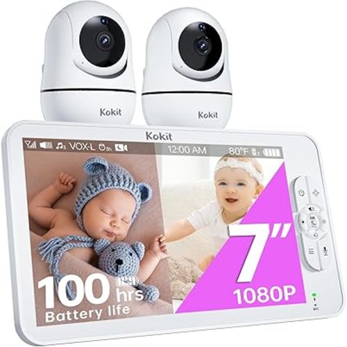 7" 1080P Full HD Split-Screen Baby Monitor,100 HOUR 5000mAh Battery Runs 4 Days,No Wifi Baby Monitor with 2 FHD Cameras Hack-Proof,4X Zoom,Remote 355° Pan-Tilt,2-Way Talk with Temp Alert/Lullabies/VOX