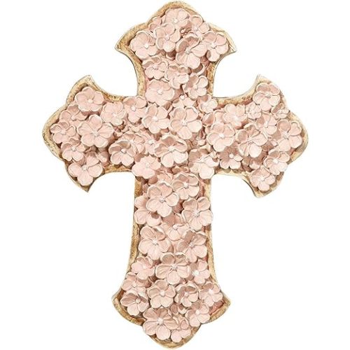 Dicksons Raised Flower Blossom Pastel Coral Pink 12 x 9 Resin Stone Hanging Wall Cross