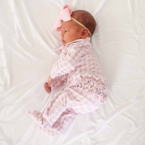 Peter Pan Collar Ruffle Zipper Footie | Rosy Gingham