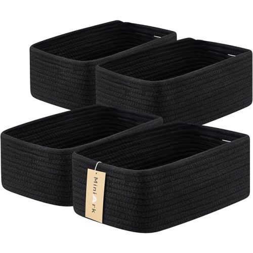 Small Storage Baskets for Organizing | Closet Organizer Bins | Shelf Toy Basket | Woven Rope Baskets | Cube Decorative Box | Shallow Basket | 13x8.5x5.1” | 4 Packs Black