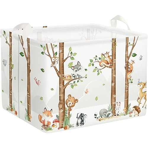 Clastyle Large Birch Tree Animal Storage Basket Collapsible Woodland Fox Bear Book Shelf Basket Rectangle Toy Clothes Cube Storage Basket for Kids Room