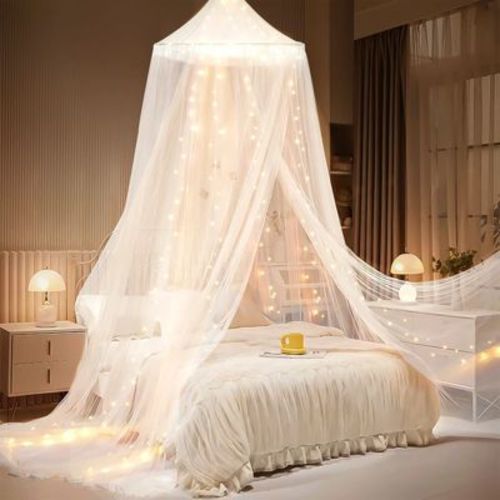 YEERSWAG Elegant Princess Bed Canopy Bed Curtain Nets with Luminous Stars Lights For Single to King Size White