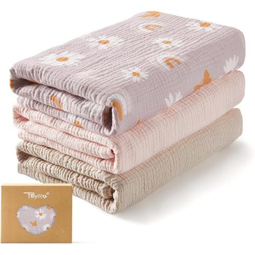 TILLYOU 3 Pack Muslin Swaddles for Newborns Baby Blankets for Girls Boys Cotton Swaddle Blankets 40"x40", Pink Butterfly
