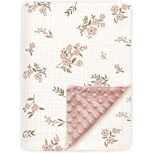 BOPRIO Muslin Baby Blankets for Girls Super Soft Nursery Minky Blankets with Breathable Muslin Cotton Front and 3D Touch Dotted Fleece Backing, Pink Floral Printed Bed Throws Newborn 30 x 40 Inch