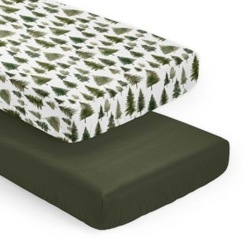 Sweet Jojo Designs Sage Green Woodland Boy 2 Pack Fitted Crib Sheets Solid and Forest Pine Tree Woods