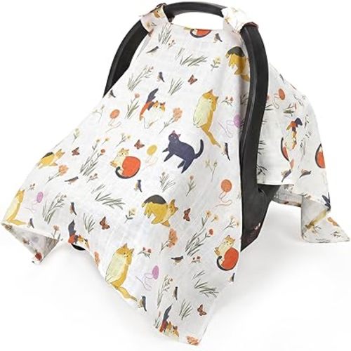 Metplus Car Seat Cover Baby, 100% Muslin Cotton Infant Carseat Covers for Boys and Girls, Lightweight Breathable Canopy, Summer Stroller Sun Shade, Newborn Travel Essentials(Cat)