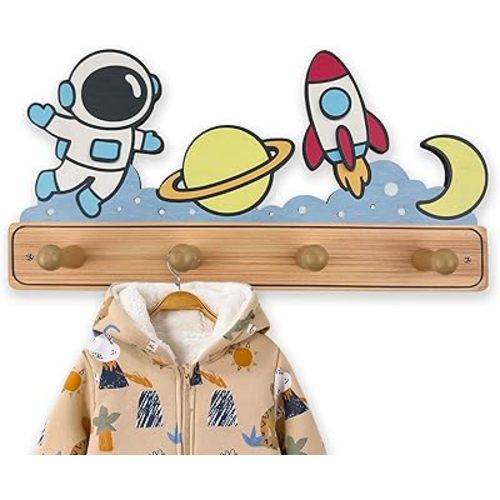 Cute Wooden Rocket Planet Kids Coat Rack and Key Hanger Wall Mount 13.7 Inches Wood Decorative Wall Hooks Towel Holder for Hanging Robe Hat Jacket