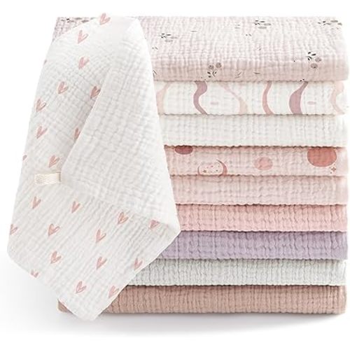 Bearmoss Muslin Baby Washcloths 100% Cotton Bath Wash Cloth Large Burp Cloth Baby Face Towel for Newborn Baby Boy Girl, 10x10inch 10Pack (Dreamland)