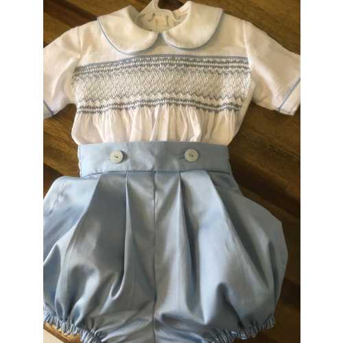 Hand Smocked Blue Cotton Sateen Boys Button-On Crawler Suit - Size 3 to 6 months