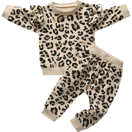 Siracend 2pcs Baby Girl Ruffle Trim Long-sleeve Pullover and Bow Front Pants Clothes Set, Khaki, 6-9 Months