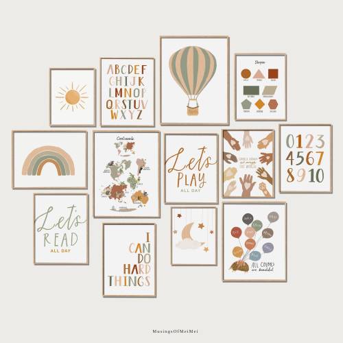 Nursery Art Set of 13 Prints, Rainbow Nursery Wall Art, Boho Nursery Decor, Printable Wall Art, Kids Room Decor, Playroom Decor, Homeschool