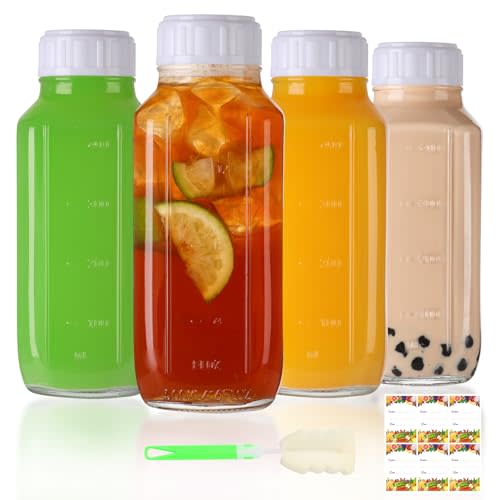 AuroTrends 16 oz Glass Bottles with Lids 4Pack, 480ml Glass Bottles for Juicing, Water, Kombucha - Portable Glass Juicing Bottles Reusable Glass/Glass Breastmilk Storage Bottles(16fl.oz, Set of 4)