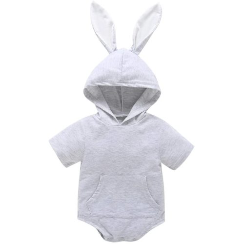 Baby Boy Bunny Hooded Romper Short Sleeve - White or Light Grey