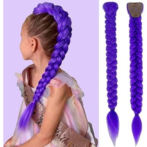 26 Inch Long Purple Braid Ponytail Extensions Pre Stretched Purple Hair Extensions for Braids Easy Clip in Ponytail for Cosplay Halloween Costume(26 Inch)