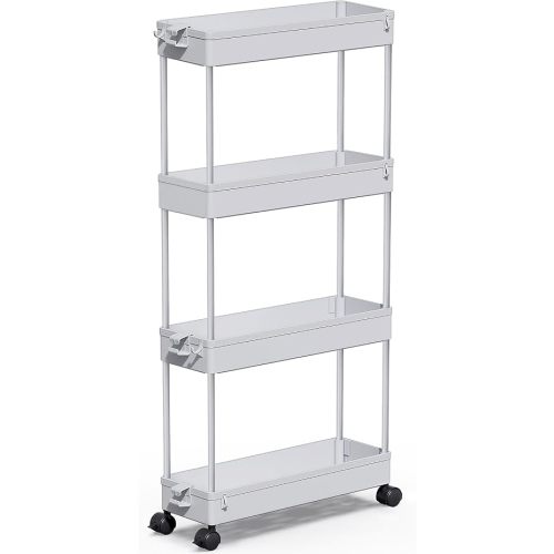 SPACEKEEPER Slim Rolling Storage Cart, 4 Tier Bathroom Cart Organizer,White