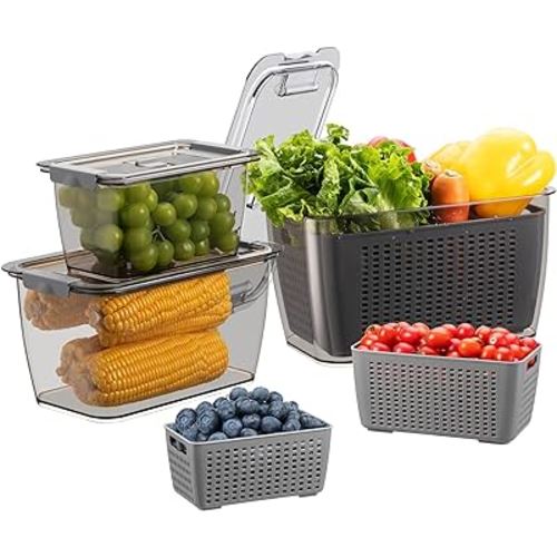 Fresh Fruit Vegetable Storage Containers, 3 Pack Produce Saver Container for Fridge with Lids &Removable Colander BPA-Free Refrigerator organizer for Fruit, Veggie Berry, Meat Keep Fresh Longer- Grey