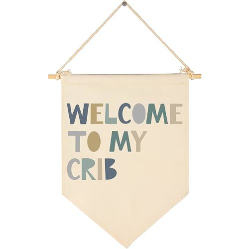 Boys Nursery Gift-Welcome to My Crib- Canvas Hanging Pennant Flag Banner Wall Sign Decor Gift for Nursery Baby Kids Boy Newborn Nephew Teen Bedroom Playroom Front Door- Birthday Christmas Gift