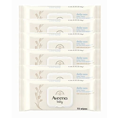 AVEENO Baby Daily Care Wipes - Cleanse Gently and Efficiently - Baby Wipes - Baby Essentials - 72 Wipes, Lid On Each Pack, Pack of 6 (432 Wipes in Total)