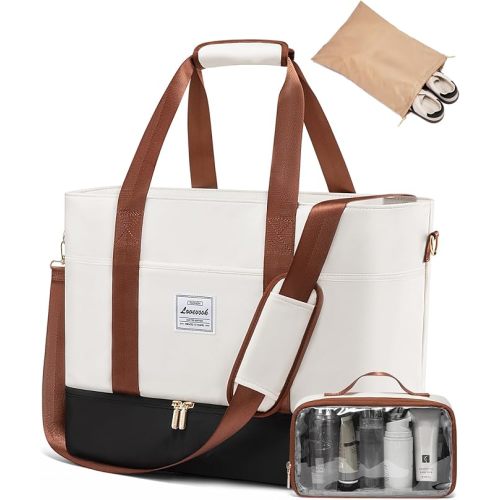 LOVEVOOK Travel Duffle Bag, Weekender Bags for Women with Shoes Compartment, Gym Duffel Bag Carry on Overnight Travel Bags with Toiletry Bag, Tote Hospital Bag for Women Labor Delivery, 3Pcs Set - 42L-3PC - Black-White-Brown
