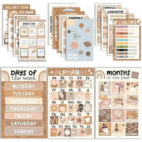 Hadley Designs 16 Educational Posters for Toddlers 1-3, Laminated Toddler Learning Posters for Preschool & Kindergarten, ABC Chart, Numbers, Colors, Shapes, Days of The Week, Boho Classroom Decor