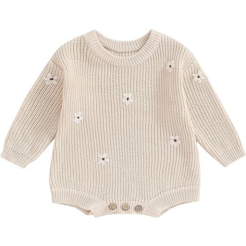 Newborn Baby Girl Knitted Sweater Romper Long Sleeve Embroidery Floral Onesie Bodysuits Warm Fall Winter Clothes