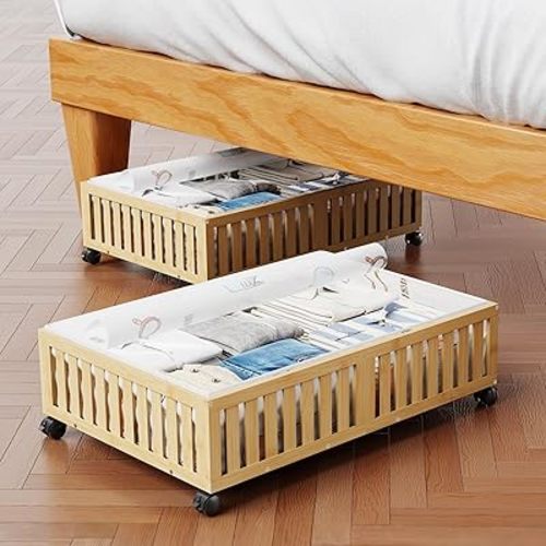2Pack Bamboo Under Bed Storage Containers, UnderBed Storage with Wheels & 40L Large Capacity Dust Bag, Sturdy Rolling Under Bed Clothes Storage for Shoes Toy Book, Nature (24.02" × 16.54")